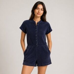 COS Navy Terry Cloth Cotton Romper Button Front Scandinavian Minimalist L